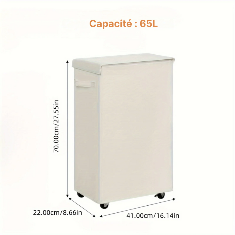 Panier à linge en tissu à roulettes 65L avec couvercle