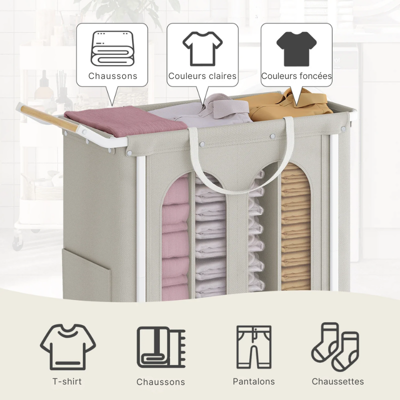 Panier à linge en tissu 3 compartiments sur roulettes