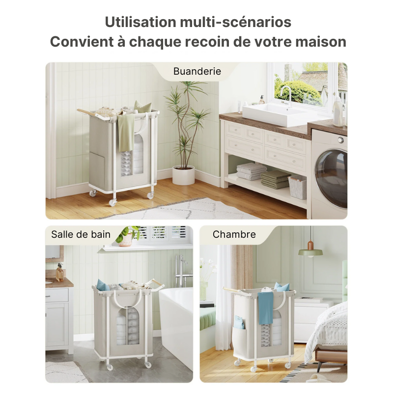 Panier à linge en bois et tissu avec roulettes 2 compartiments