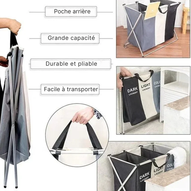 Panier à linge en tissu 3 compartiments pliable