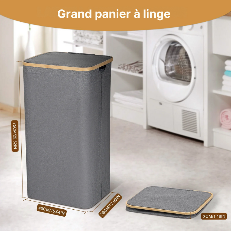 Panier à linge en tissu pliable, imperméable et structure en bambou avec couvercle