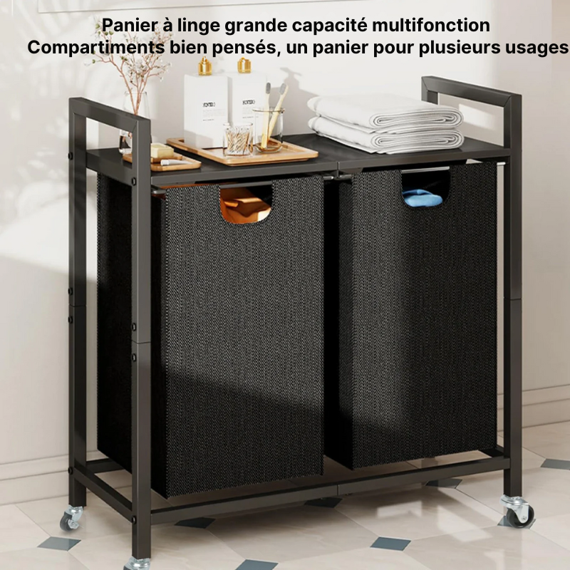 Panier à linge en tissu 2 compartiments avec roulettes et étagère