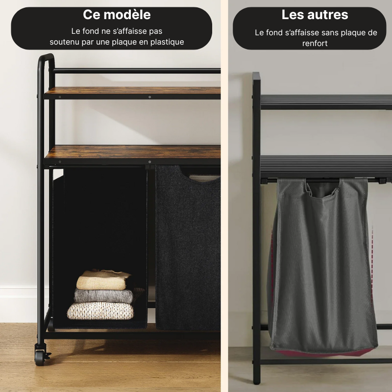 Panier à linge en tissu 3 compartiments avec étagères
