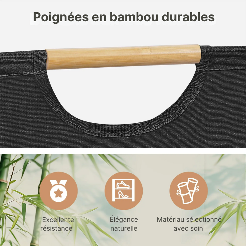 Panier à linge imperméable avec poignées en bambou