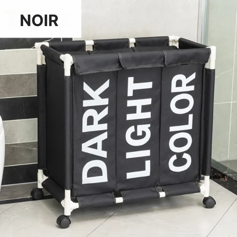 Panier à linge en tissu pliable 3 compartiments avec roulettes