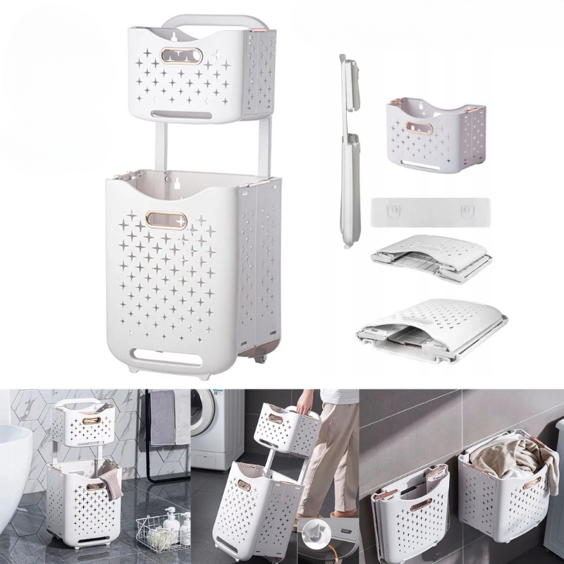 Panier à linge plastique à 2 étages avec roulettes et pliable
