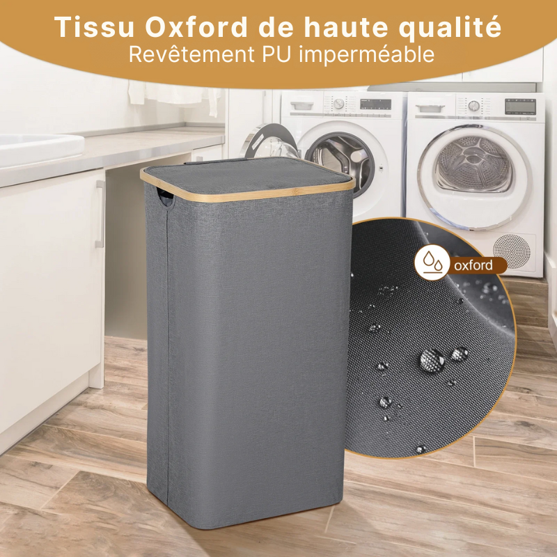 Panier à linge en tissu pliable, imperméable et structure en bambou avec couvercle