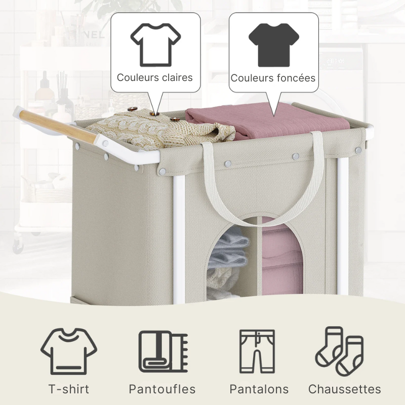 Panier à linge en bois et tissu avec roulettes 2 compartiments