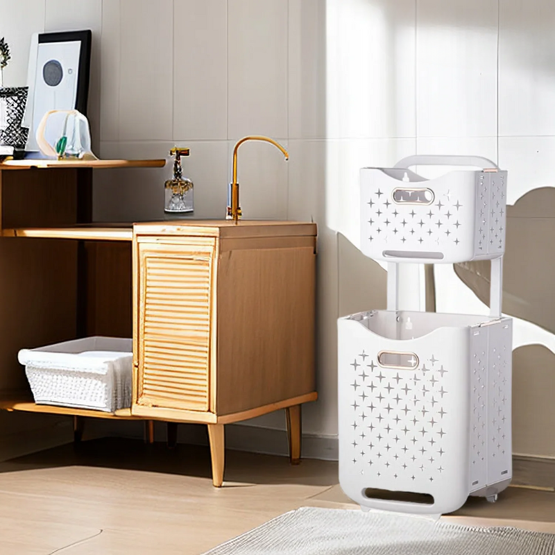 Panier à linge plastique à 2 étages avec roulettes et pliable