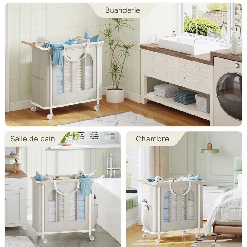 Panier à linge en tissu 3 compartiments sur roulettes