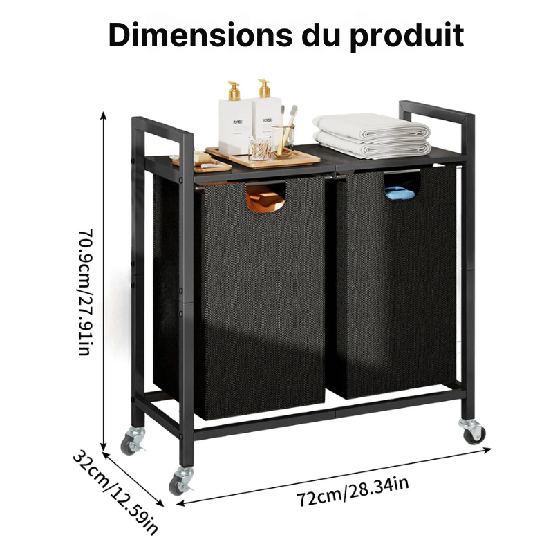 Panier à linge en tissu 2 compartiments avec roulettes et étagère