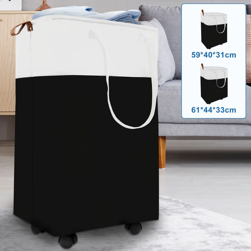 Panier à linge noir pliable à roulettes