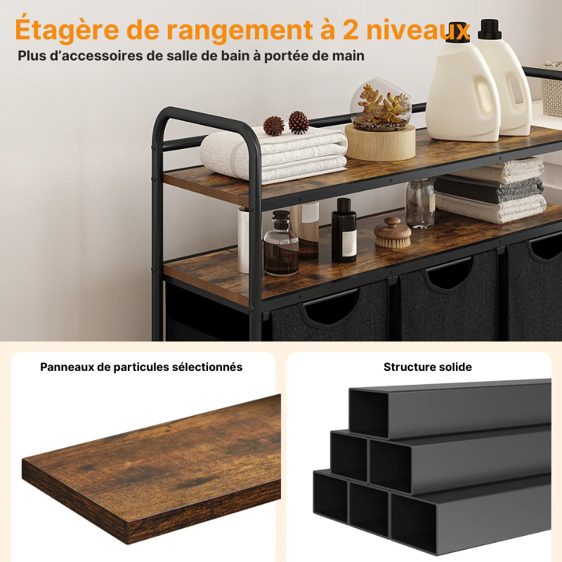 Panier à linge en tissu 3 compartiments avec étagères