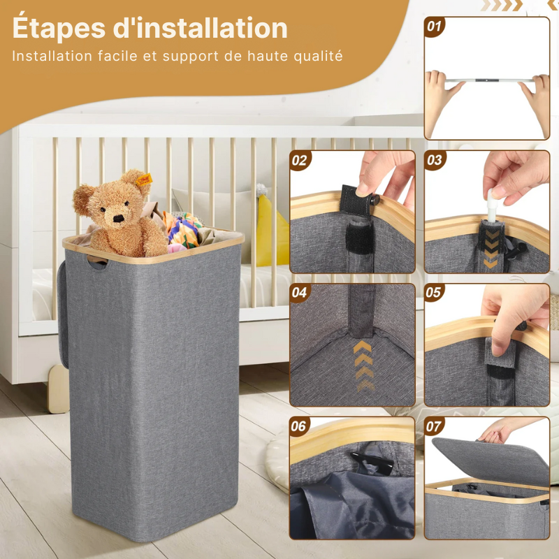 Panier à linge en tissu pliable, imperméable et structure en bambou avec couvercle