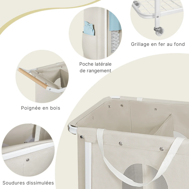 Panier à linge en bois et tissu avec roulettes 2 compartiments