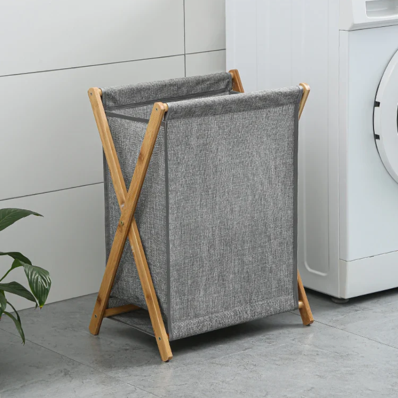 Panier à linge en bois et tissu pliable