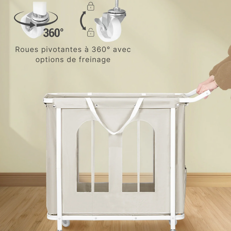 Panier à linge en tissu 3 compartiments sur roulettes