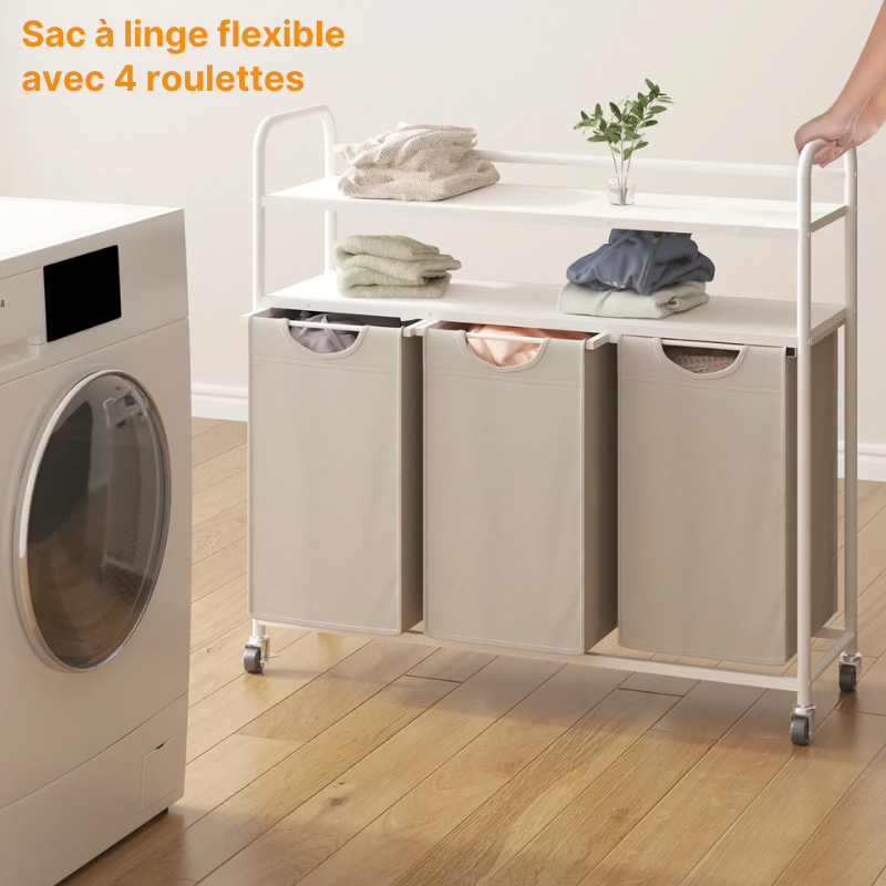 Panier à linge en tissu 3 compartiments avec étagères