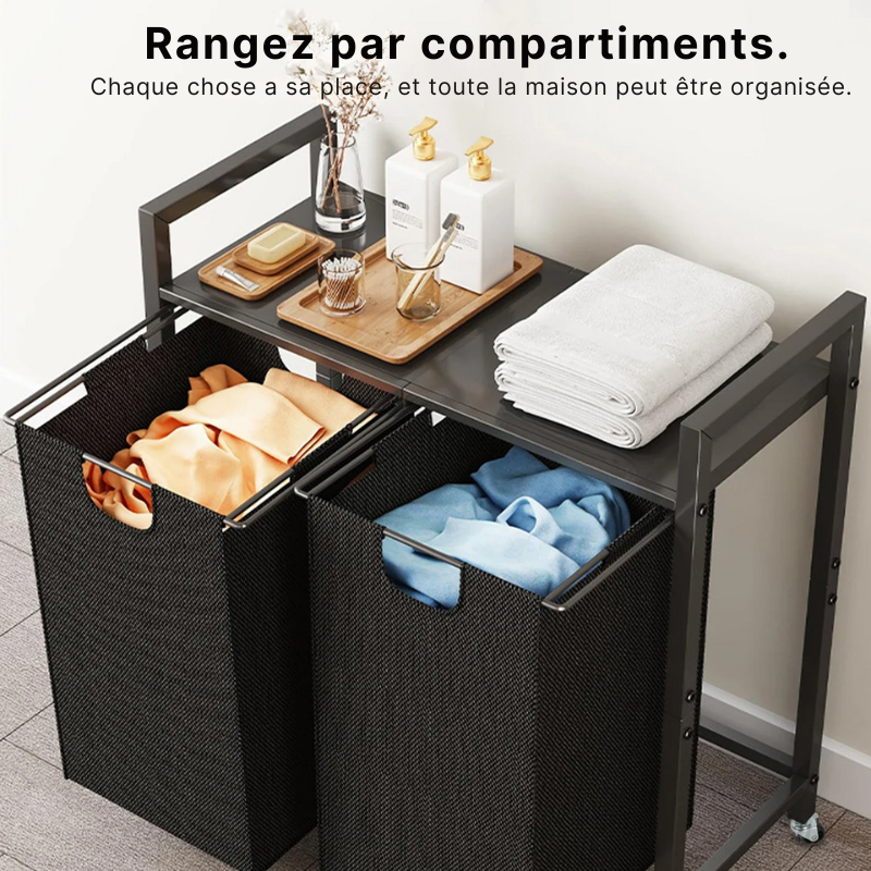 Panier à linge en tissu 2 compartiments avec roulettes et étagère