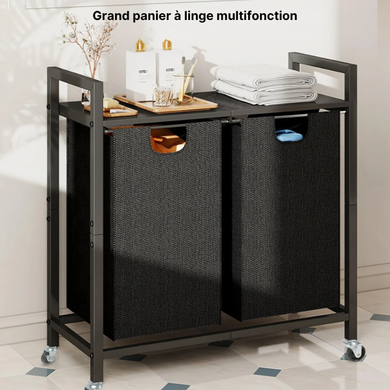 Panier à linge en tissu 2 compartiments avec roulettes