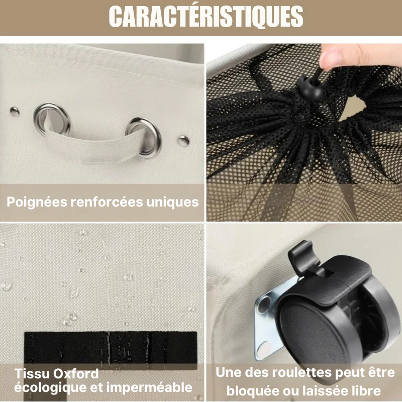 Panier à linge en tissu pliable avec roulettes
