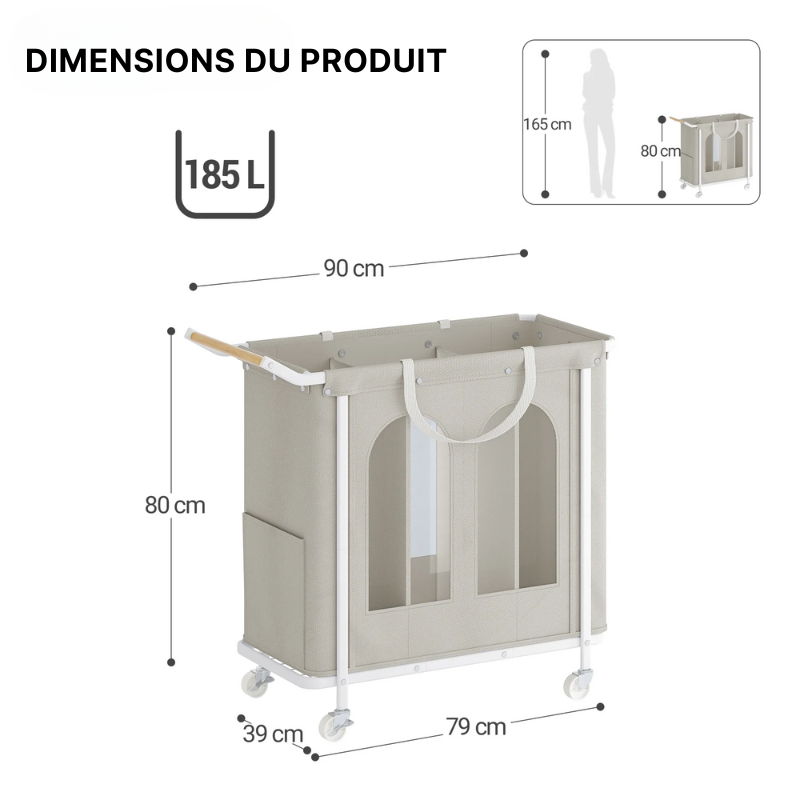 Panier à linge en tissu 3 compartiments sur roulettes