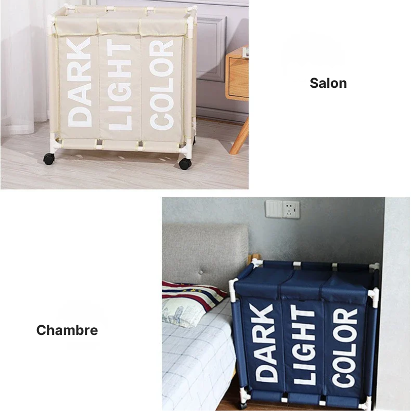 Panier à linge en tissu pliable 3 compartiments avec roulettes