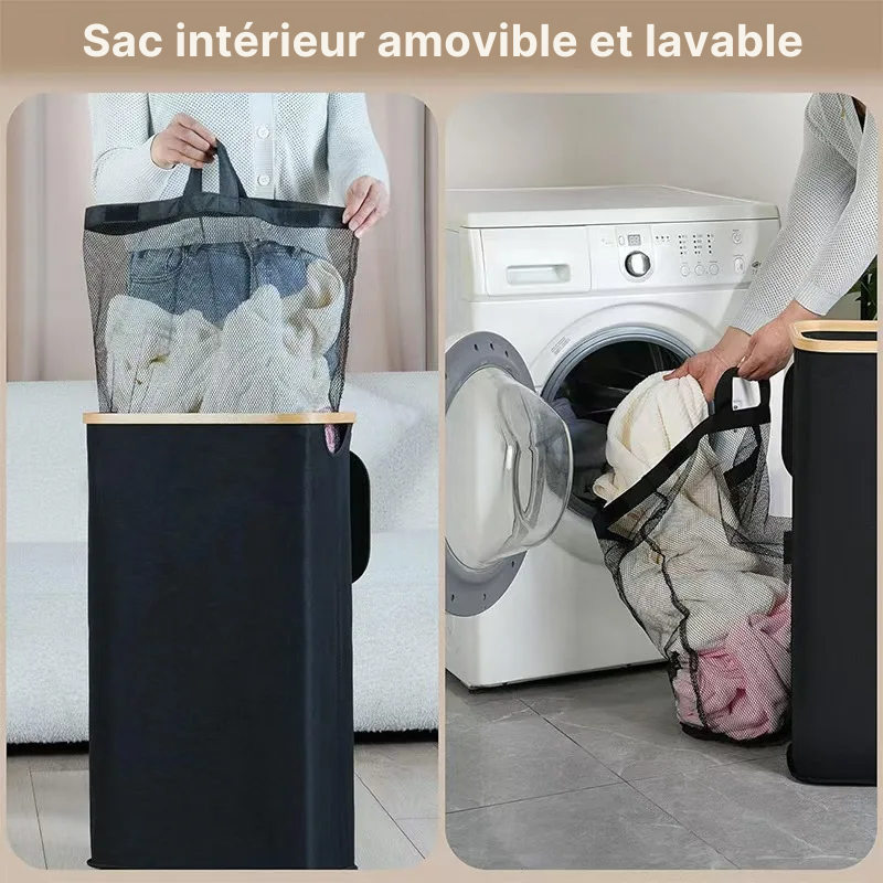 Panier à linge en tissu pliable avec couvercle et sac intérieur amovible