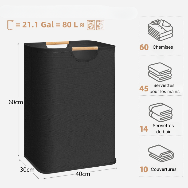 Panier à linge imperméable avec poignées en bambou