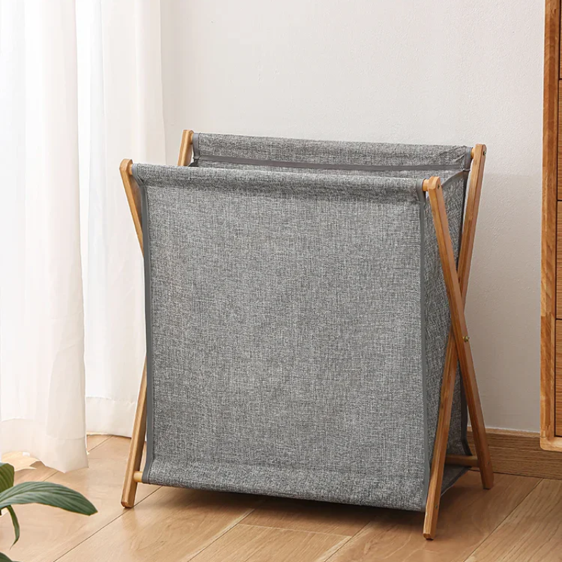 Panier à linge en bois et tissu pliable