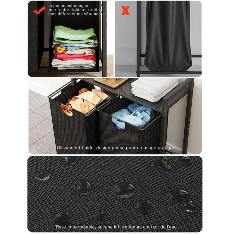 Panier à linge en tissu 2 compartiments avec roulettes et étagère