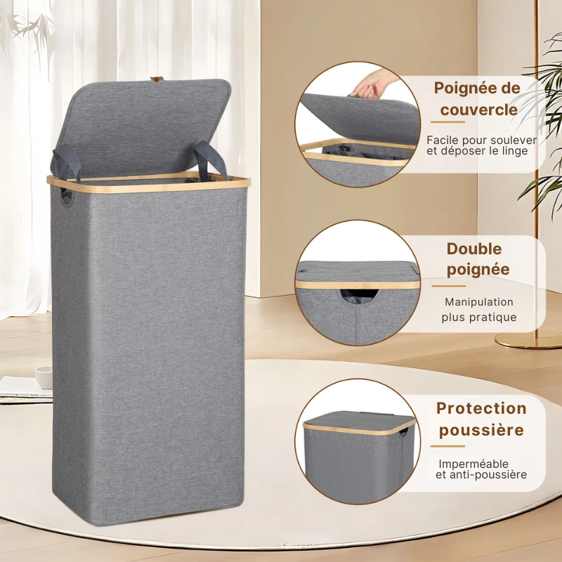 Panier à linge en tissu pliable, imperméable et structure en bambou avec couvercle