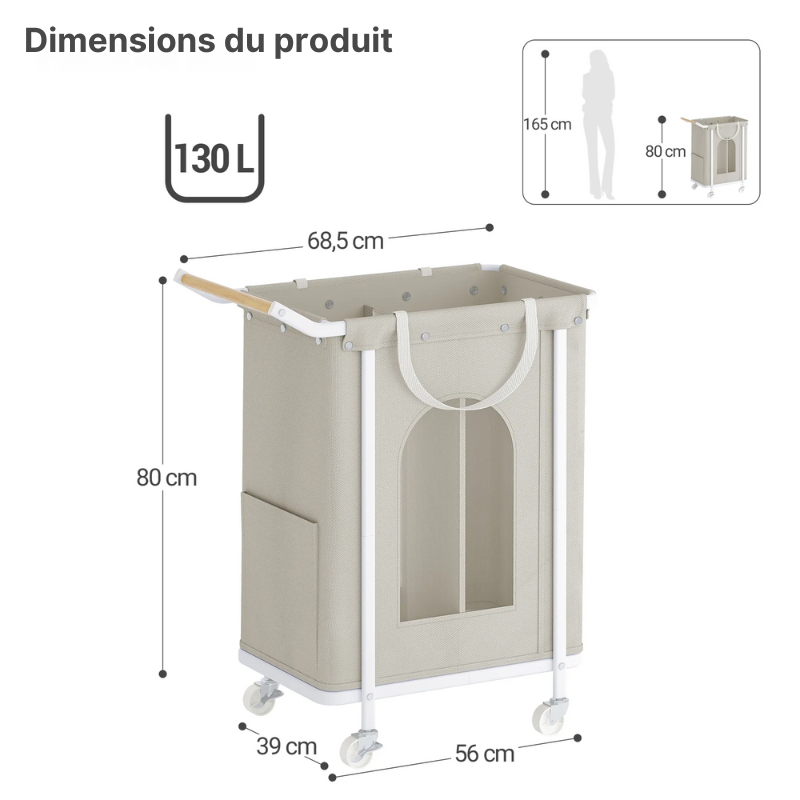 Panier à linge en bois et tissu avec roulettes 2 compartiments