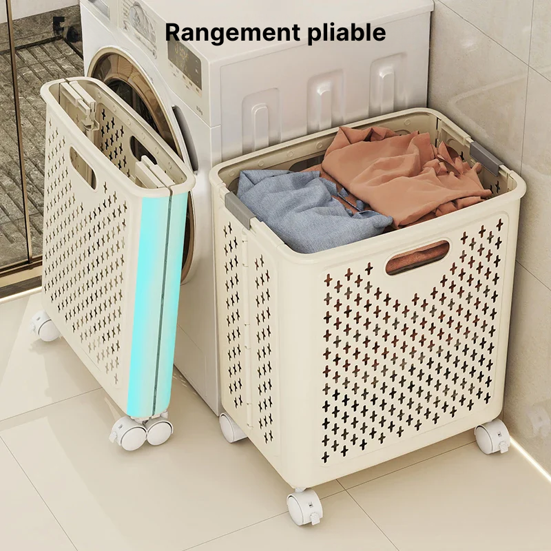 Panier à linge plastique pliable avec roulettes