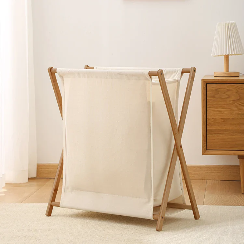 Panier à linge en bois et tissu pliable