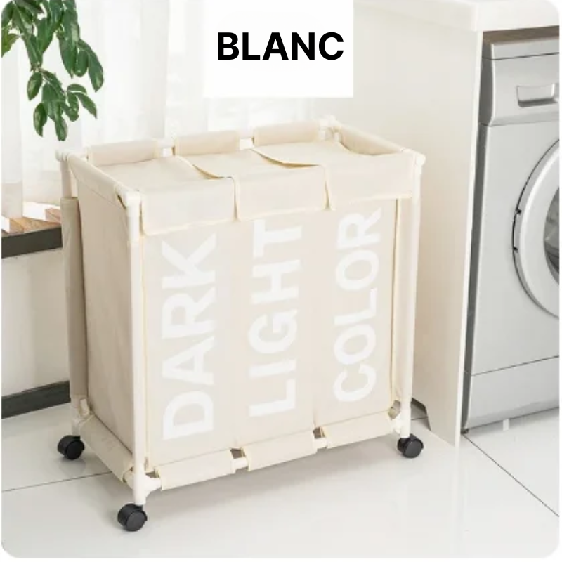 Panier à linge en tissu pliable 3 compartiments avec roulettes