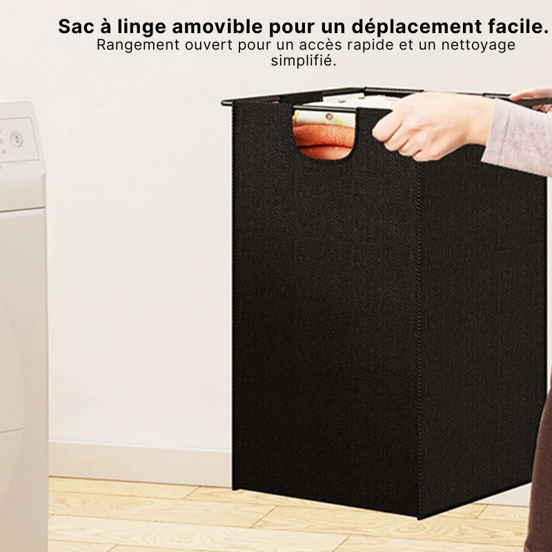 Panier à linge en tissu 2 compartiments avec roulettes et étagère