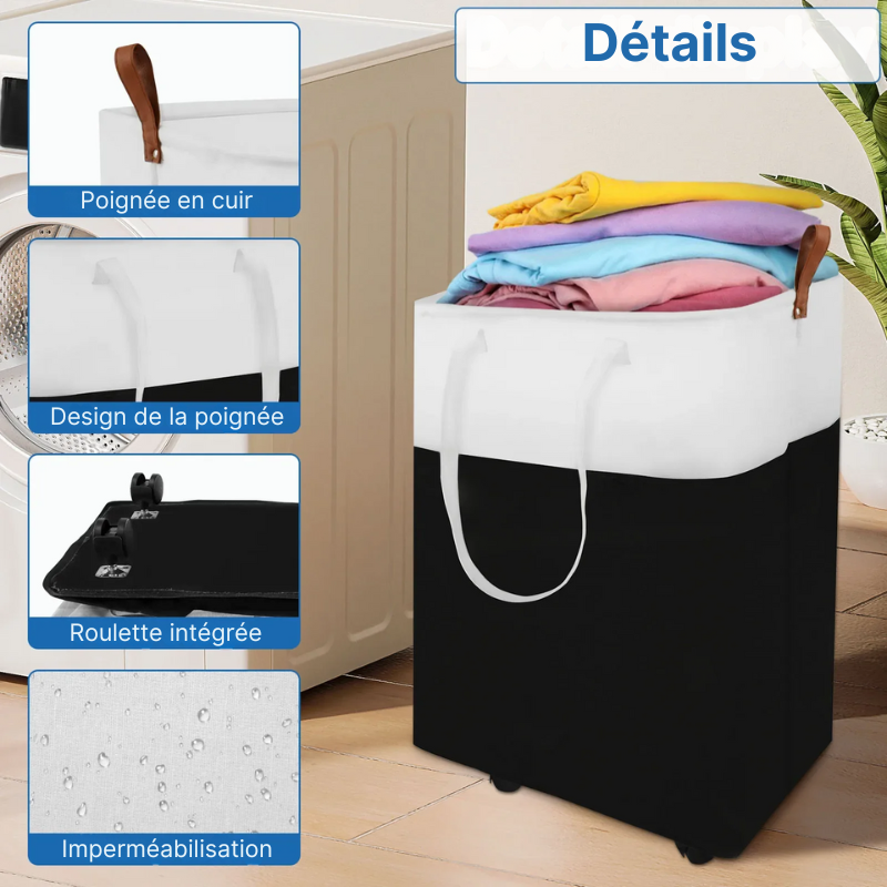 Panier à linge noir pliable à roulettes