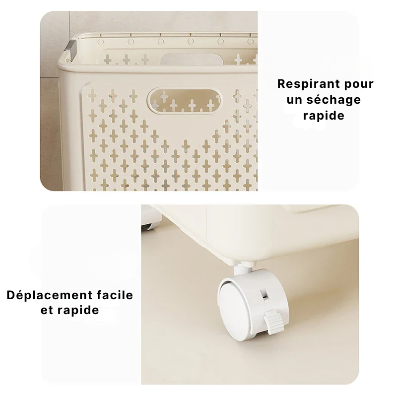 Panier à linge plastique pliable avec roulettes