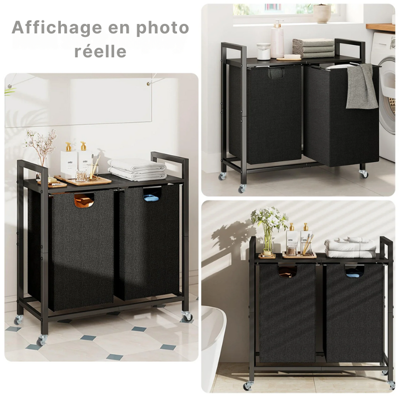 Panier à linge en tissu 2 compartiments avec roulettes et étagère