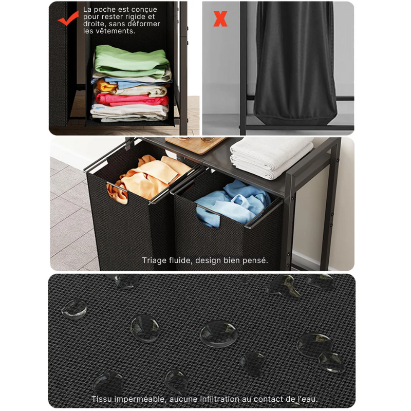 Panier à linge en tissu 2 compartiments avec roulettes