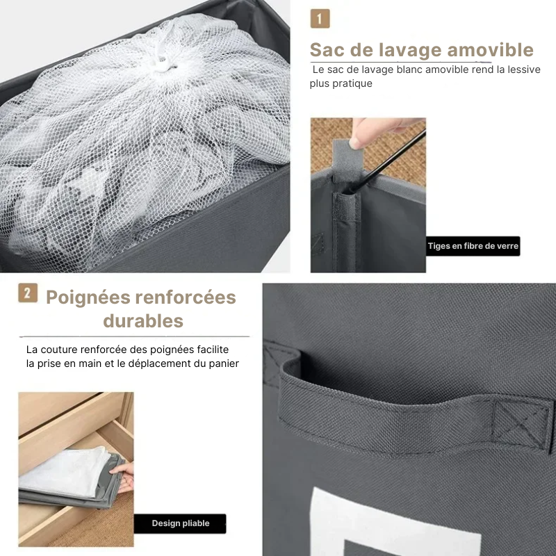 Panier à linge en tissu pliable avec roulettes