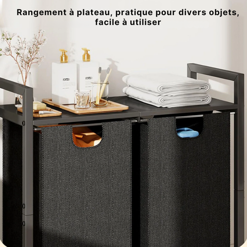 Panier à linge en tissu 2 compartiments avec roulettes et étagère