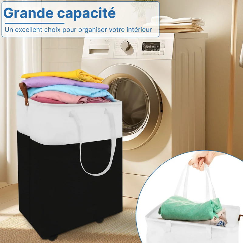 Panier à linge noir pliable à roulettes