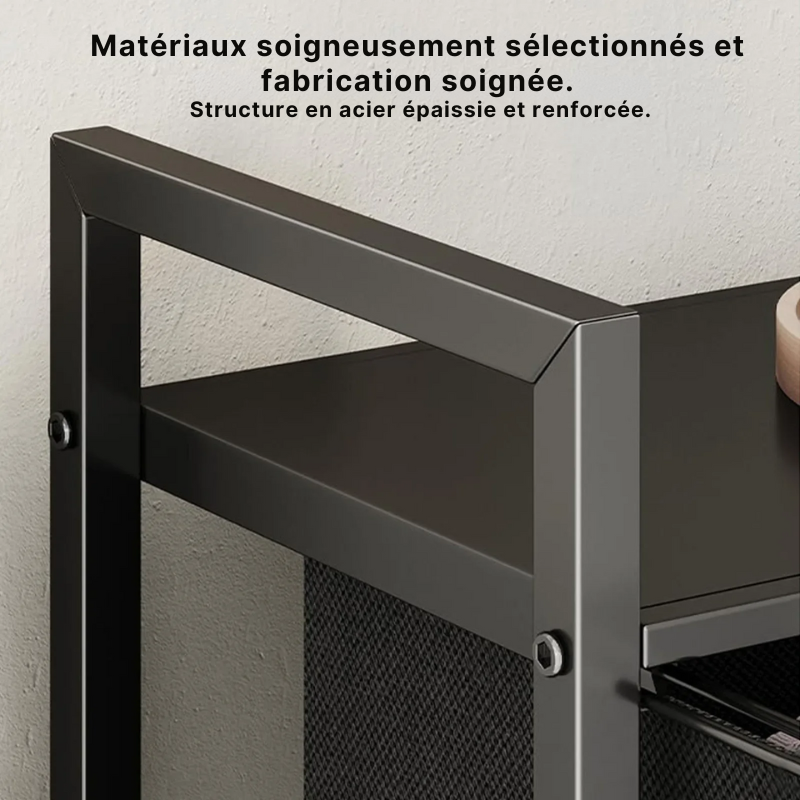 Panier à linge en tissu 2 compartiments avec roulettes et étagère