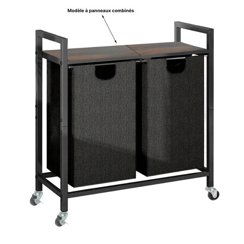 Panier à linge en tissu 2 compartiments avec roulettes et étagère