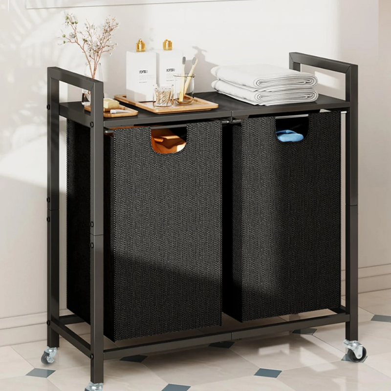 Panier à linge en tissu 2 compartiments avec roulettes et étagère