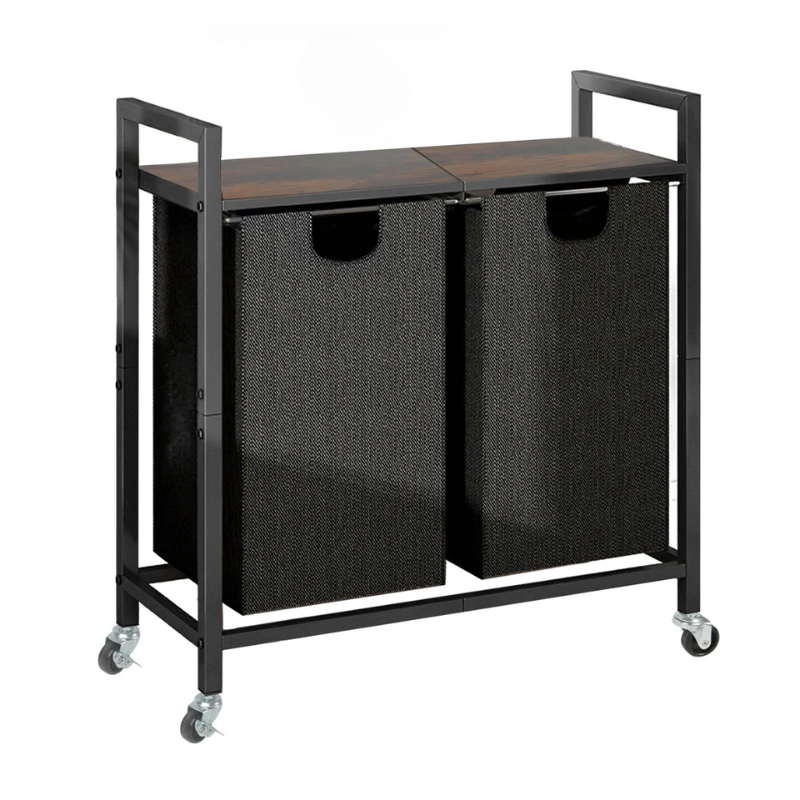 Panier à linge en tissu 2 compartiments avec roulettes et étagère