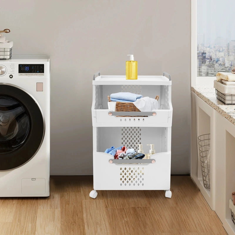 Panier à linge en plastique 2 niveaux avec roulettes