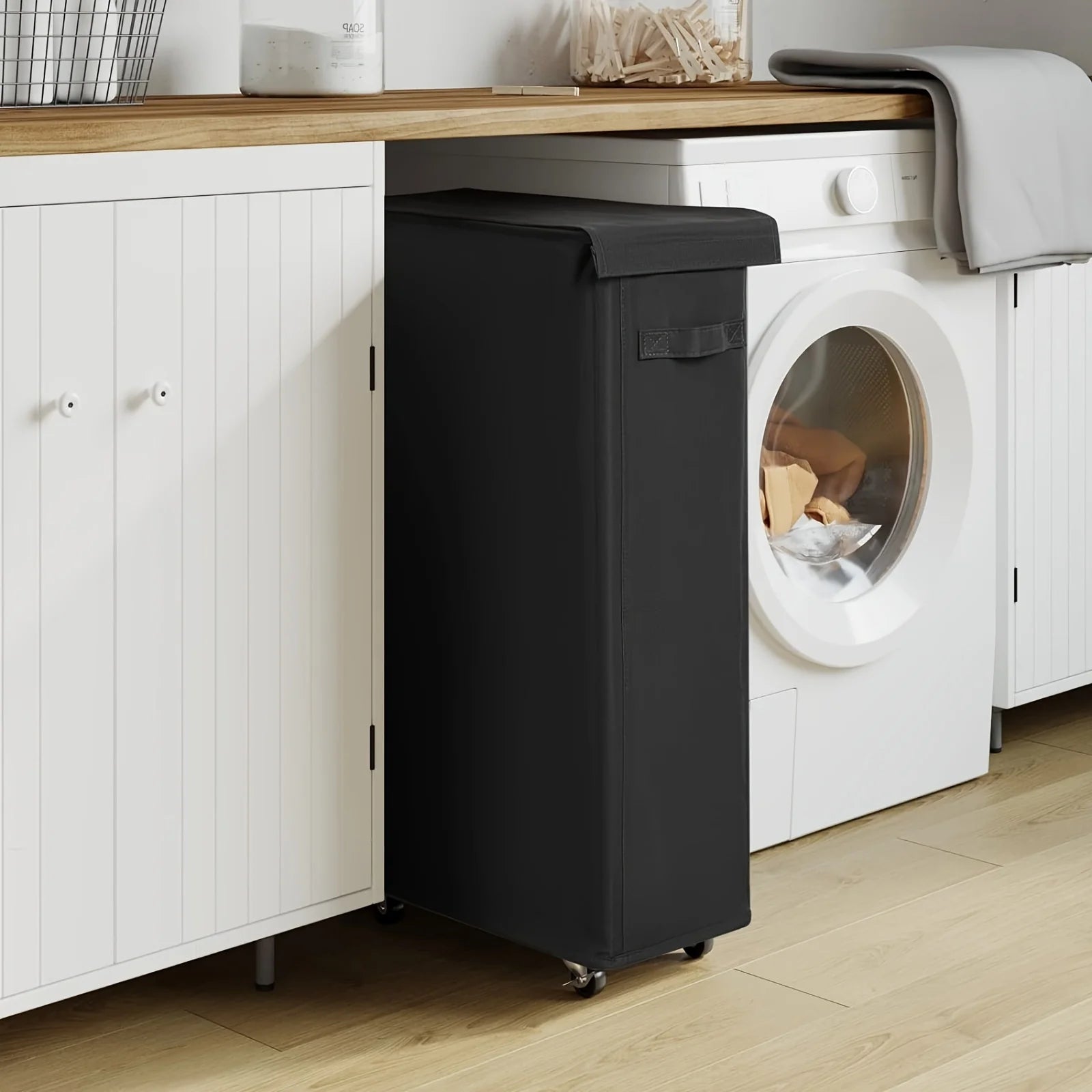 Panier à linge en tissu à roulettes 65L avec couvercle